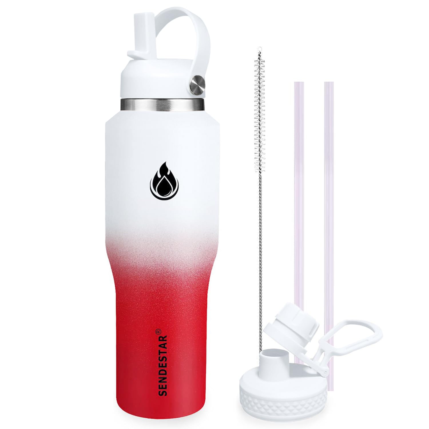 SENDESTAR 40oz Water Bottle Wide Mouth Stainless Steel Vacuum Insulated Double Wall with 2 Straw Lids Fit in Any Car Cup Holder