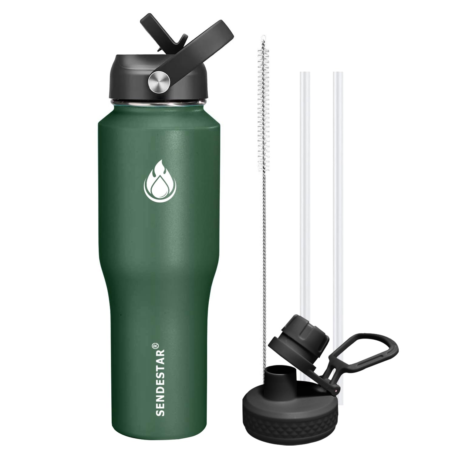SENDESTAR 40oz Water Bottle Wide Mouth Stainless Steel Vacuum Insulated Double Wall with 2 Straw Lids Fit in Any Car Cup Holder
