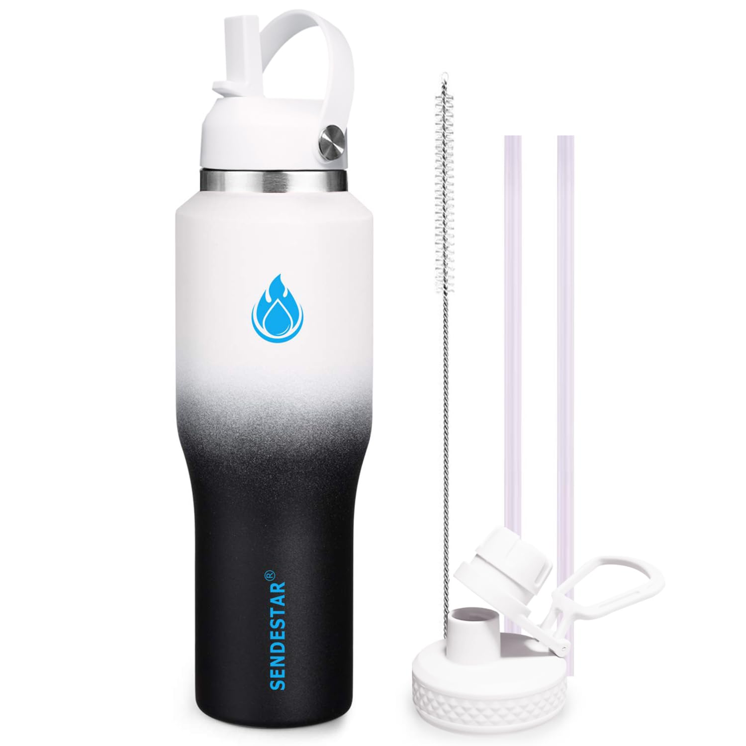 SENDESTAR 40oz Water Bottle Wide Mouth Stainless Steel Vacuum Insulated Double Wall with 2 Straw Lids Fit in Any Car Cup Holder