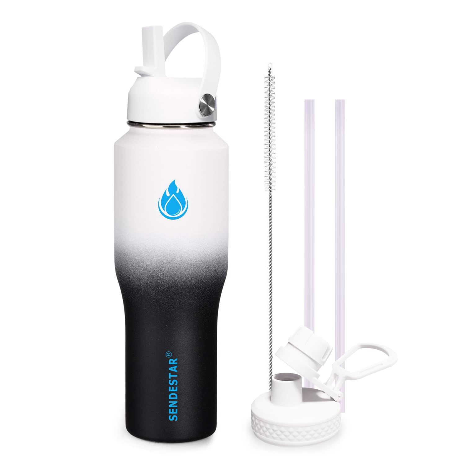 SENDESTAR 40oz Water Bottle Wide Mouth Stainless Steel Vacuum Insulated Double Wall with 2 Straw Lids Fit in Any Car Cup Holder