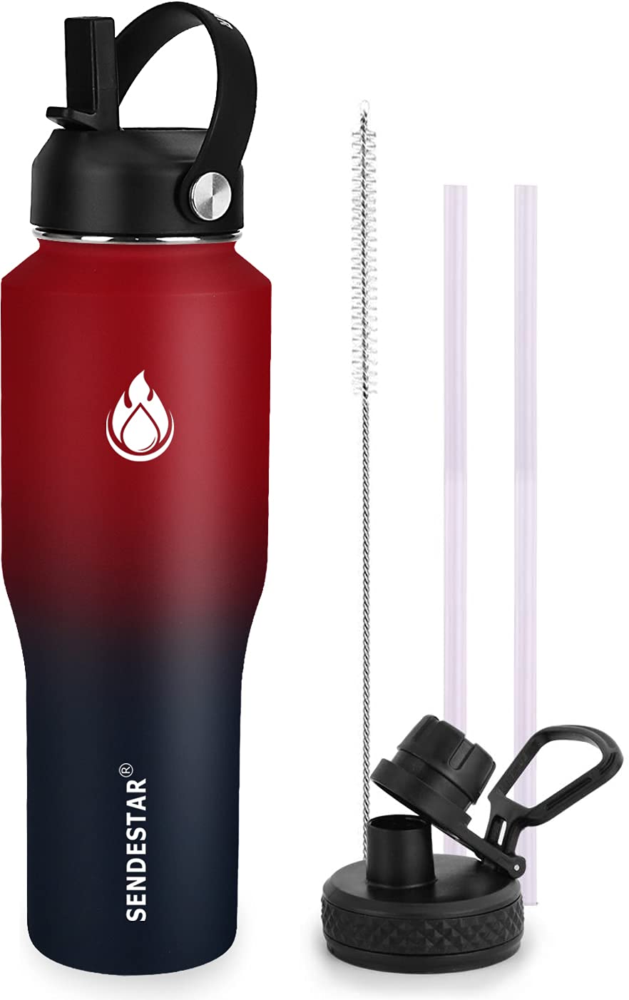 SENDESTAR 40oz Water Bottle Wide Mouth Stainless Steel Vacuum Insulated Double Wall with 2 Straw Lids Fit in Any Car Cup Holder