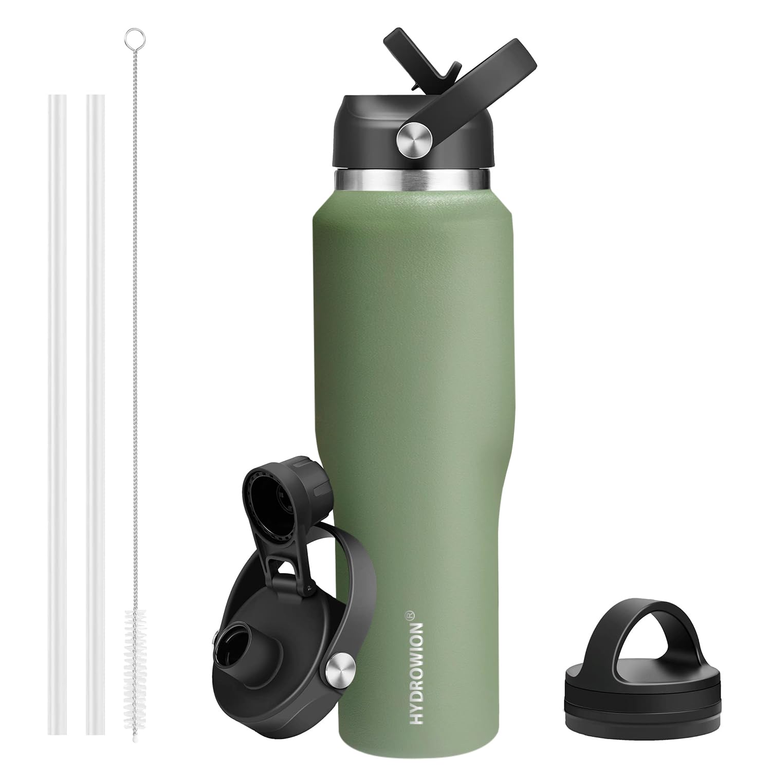 40 oz Insulated Water Bottle with Straw fit in Car Cup Holder(Cold 48 hrs, Hot 24 hrs) Drinking Bottle with Straw Lid, Spout Lid and Flex Cap Leakproof Travel Thermo Mug，Olive