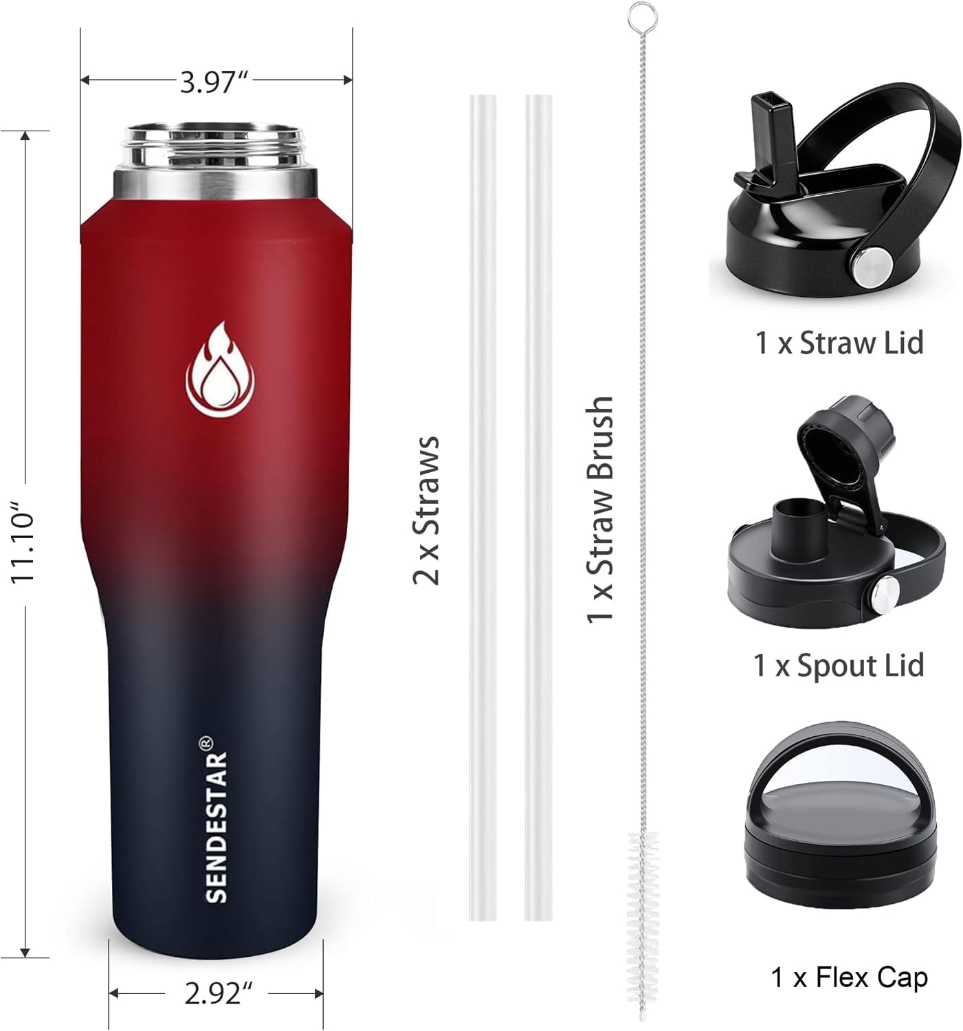 SENDESTAR 40oz Water Bottle Wide Mouth Stainless Steel Vacuum Insulated Double Wall with 2 Straw Lids Fit in Any Car Cup Holder