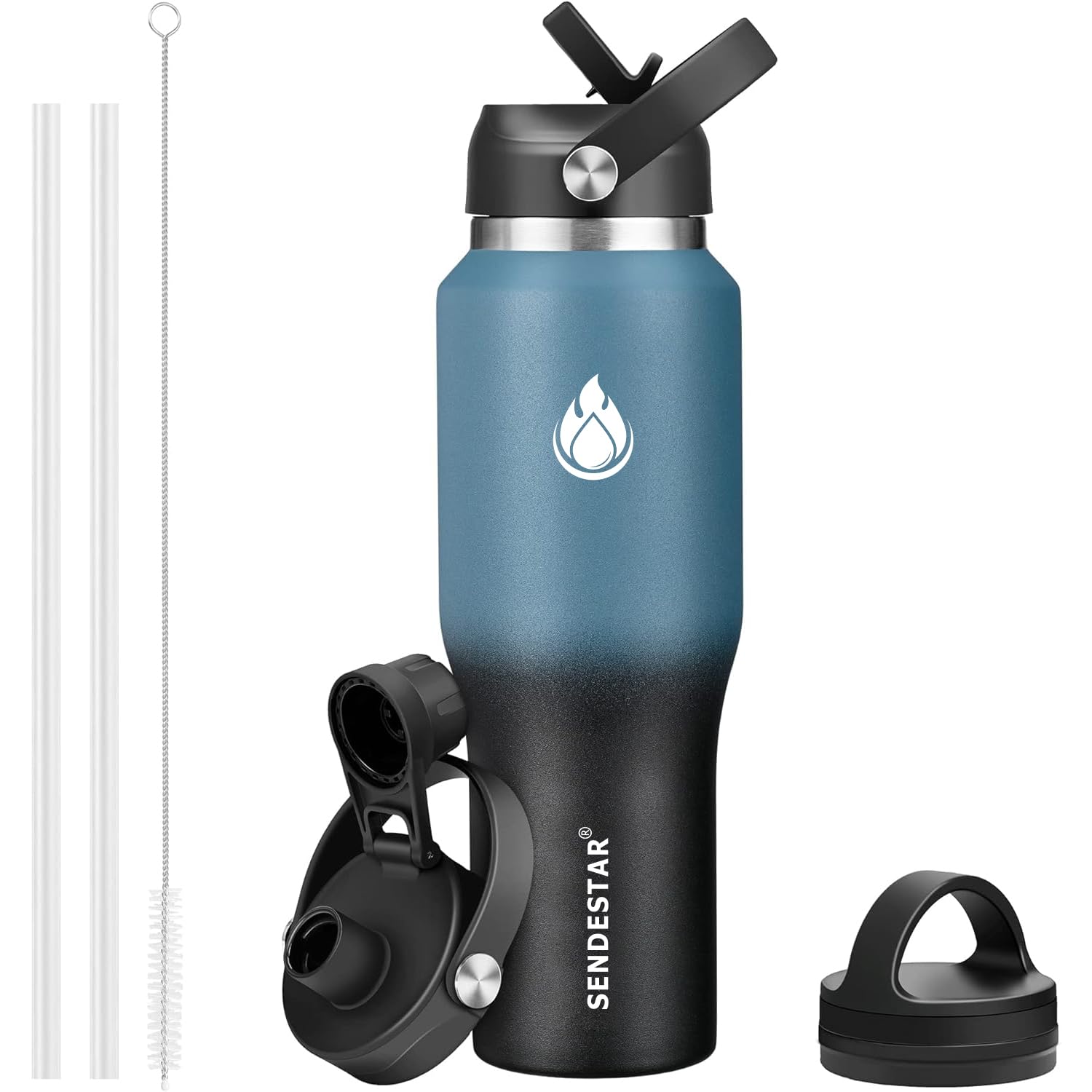 SENDESTAR 40oz Water Bottle Wide Mouth Stainless Steel Vacuum Insulated Double Wall with 2 Straw Lids Fit in Any Car Cup Holder