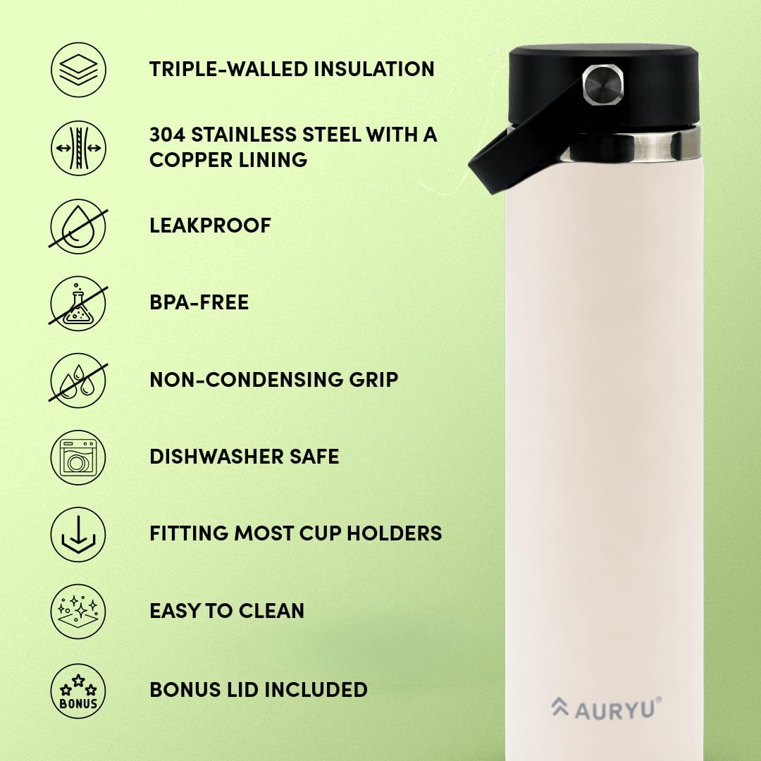 Oat 24oz Insulated Water Bottle, Triple-Walled Stainless Steel Thermos, Leak Proof Wide Mouth Flask with Bonus Spout Lid, BPA-Free for Gym, Travel, Sports, Hot & Cold Drinks