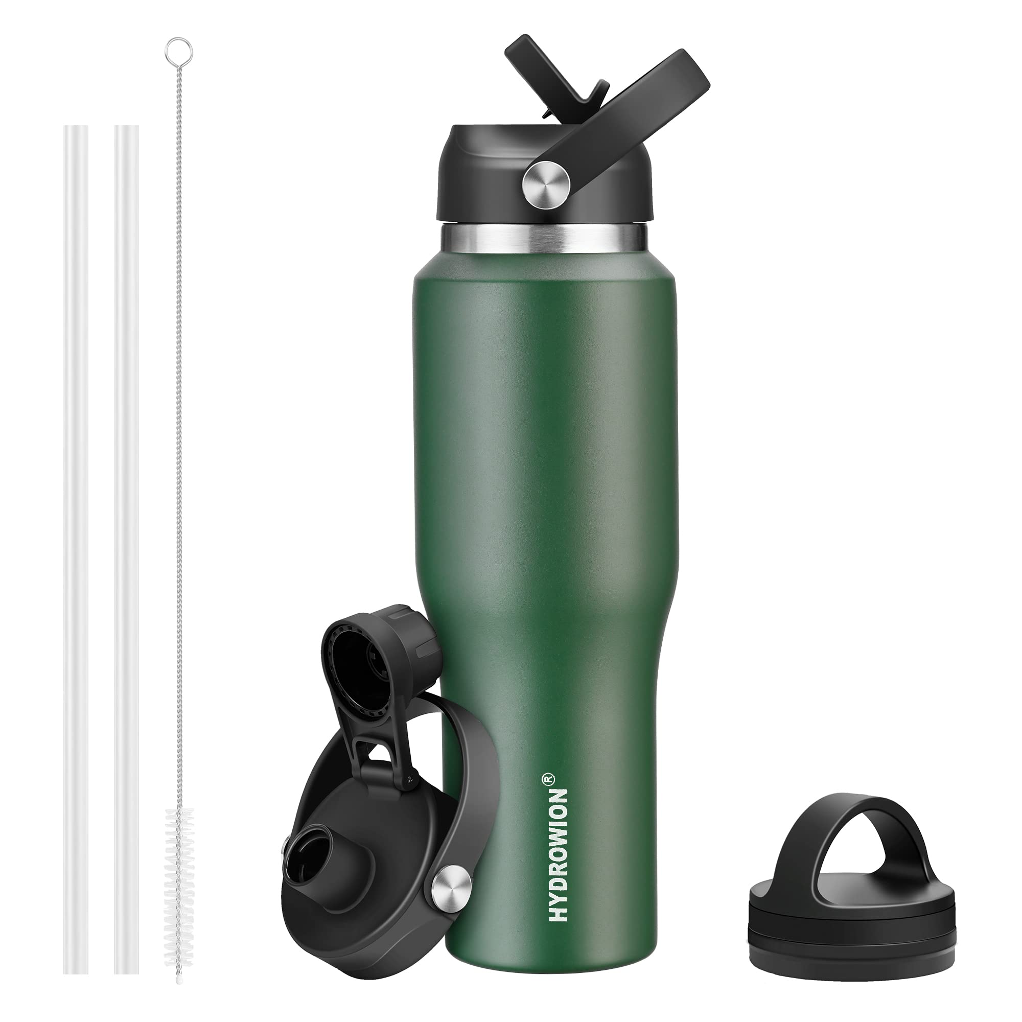 40 oz Insulated Water Bottle with Straw fit in Car Cup Holder(Cold 48 hrs, Hot 24 hrs) Drinking Bottle with Straw Lid, Spout Lid and Flex Cap Leakproof Travel Thermo Mug，Olive