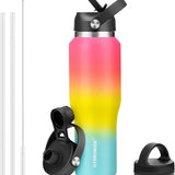 40 oz Insulated Water Bottle with Straw fit in Car Cup Holder(Cold 48 hrs, Hot 24 hrs) Drinking Bottle with Straw Lid, Spout Lid and Flex Cap Leakproof Travel Thermo Mug，Olive
