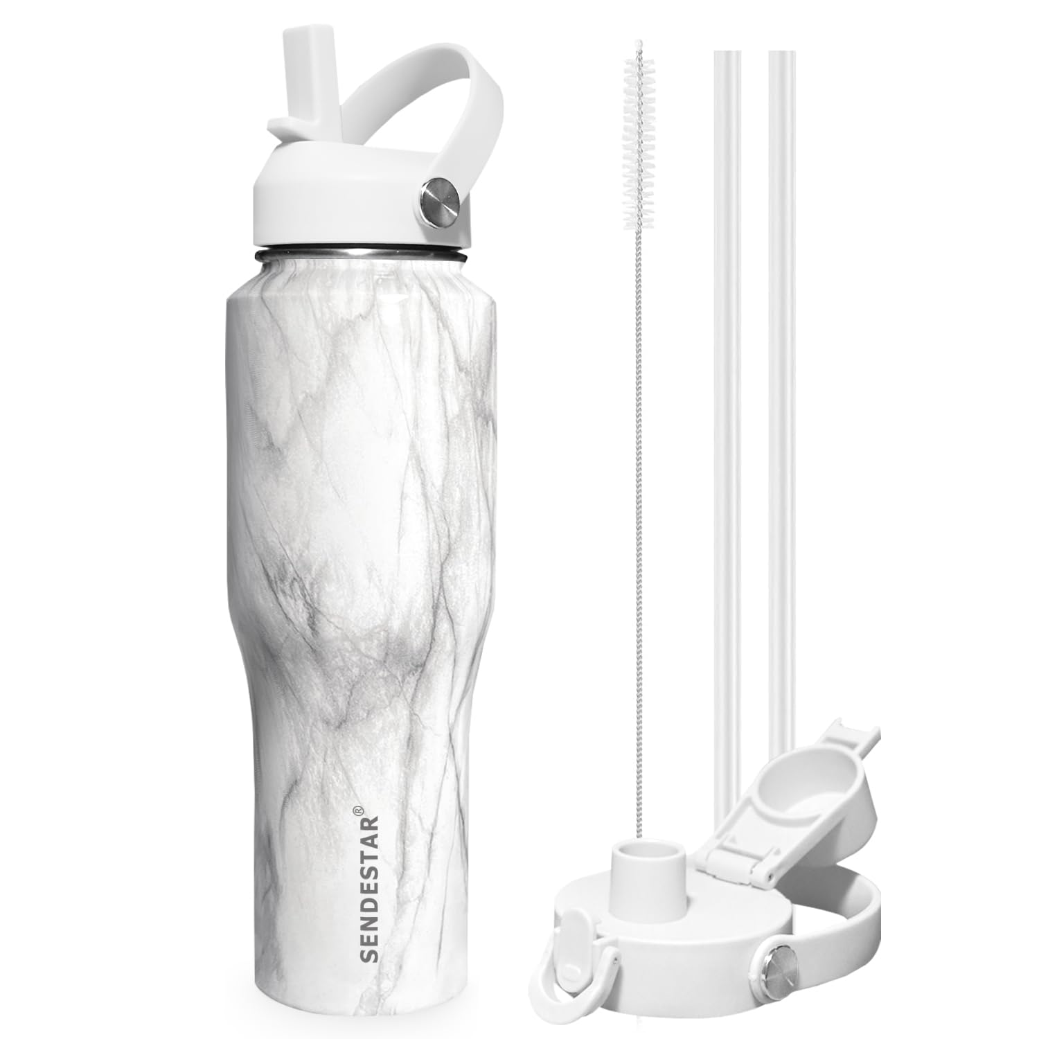 SENDESTAR 40oz Water Bottle Wide Mouth Stainless Steel Vacuum Insulated Double Wall with 2 Straw Lids Fit in Any Car Cup Holder