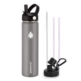 Insulated Water Bottle 40 oz with Straw, Stainless Steel Wide Mouth Water Bottle, Double Wall Vacuum Leak Proof with Straw Lid & Spout Lid for Sports or Office, Keep Cold or Hot Up to 24 Hrs