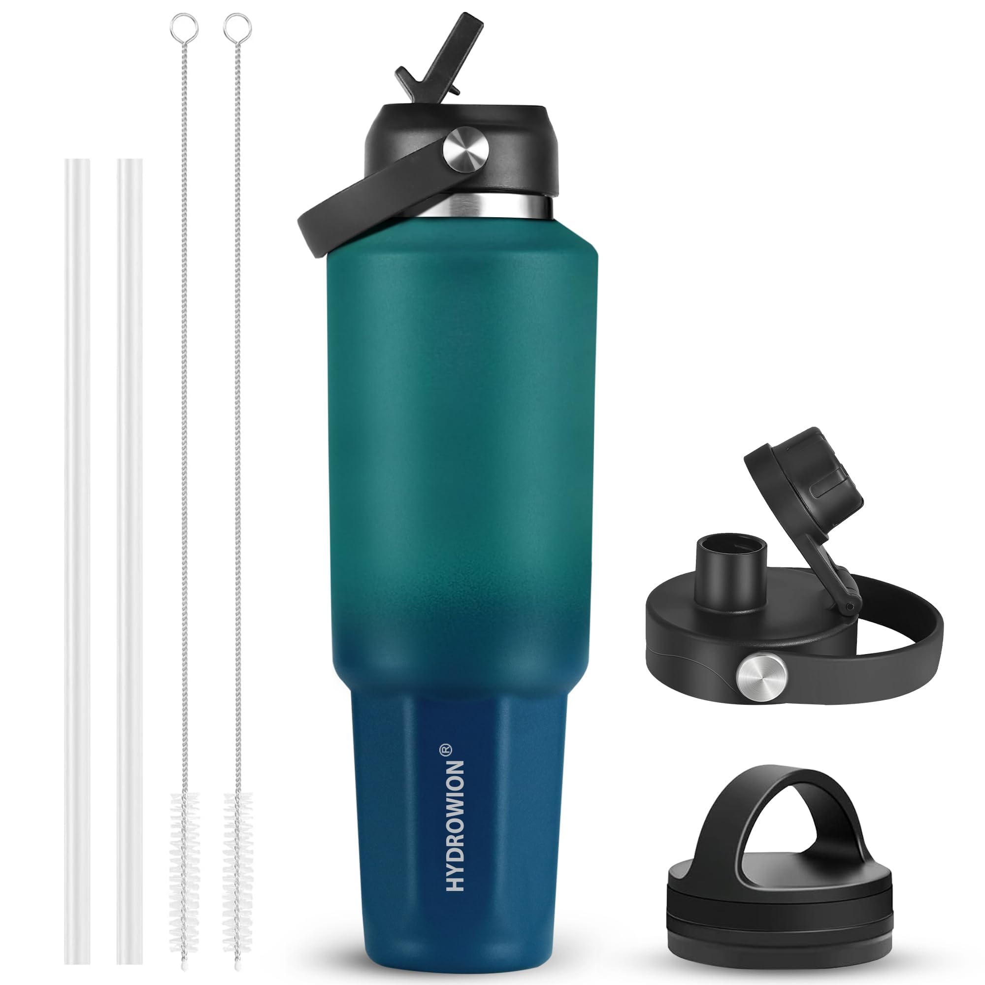 40 oz Insulated Water Bottle with Straw fit in Car Cup Holder(Cold 48 hrs, Hot 24 hrs) Drinking Bottle with Straw Lid, Spout Lid and Flex Cap Leakproof Travel Thermo Mug，Olive