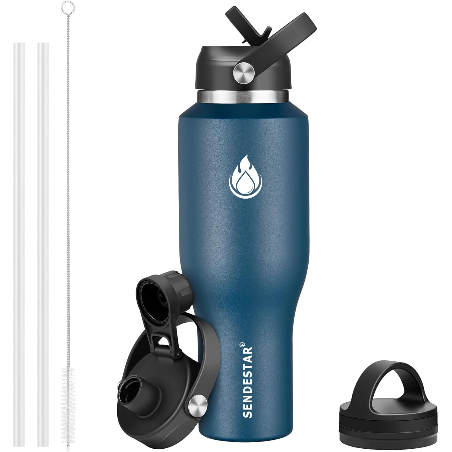 SENDESTAR 40oz Water Bottle Wide Mouth Stainless Steel Vacuum Insulated Double Wall with 2 Straw Lids Fit in Any Car Cup Holder