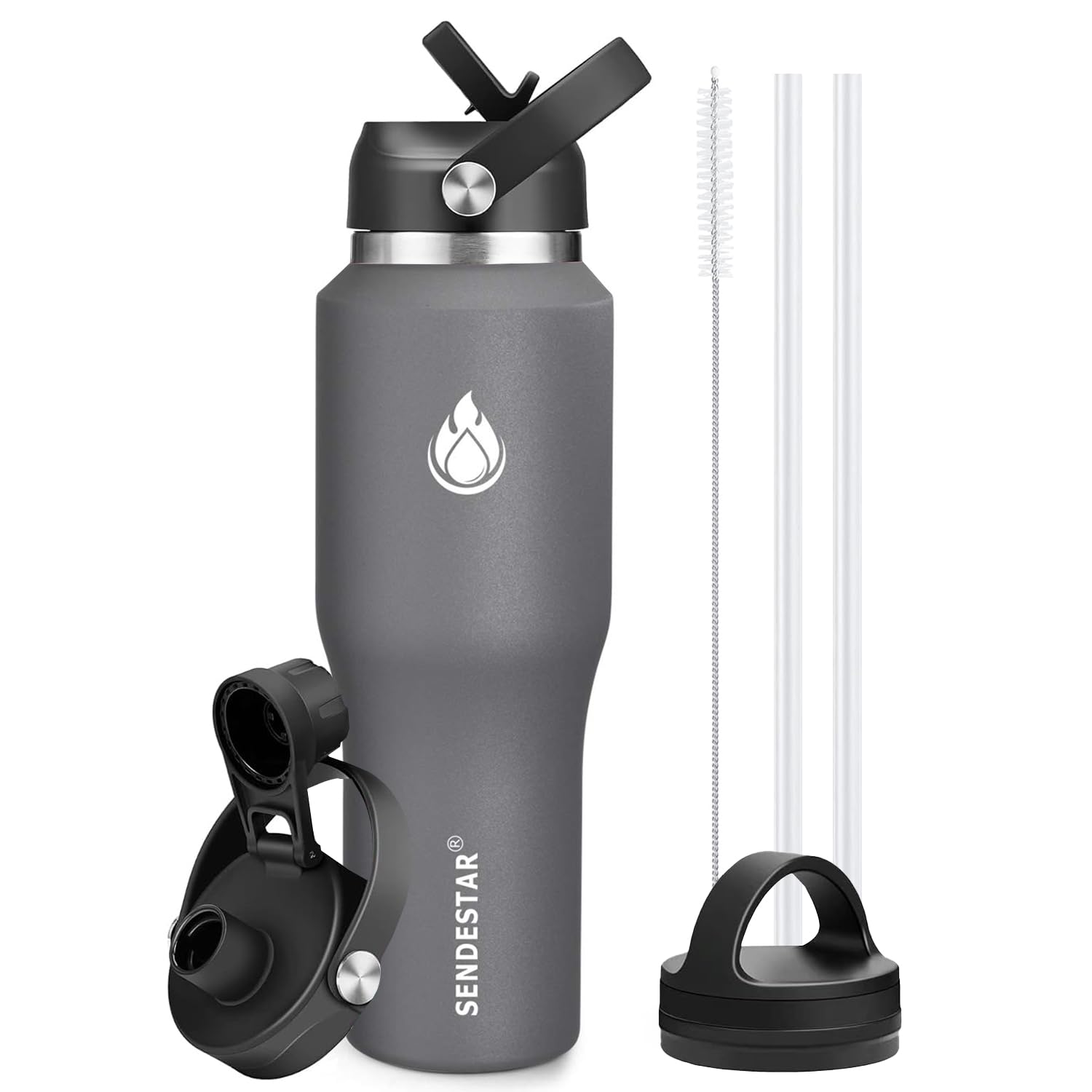 SENDESTAR 40oz Water Bottle Wide Mouth Stainless Steel Vacuum Insulated Double Wall with 2 Straw Lids Fit in Any Car Cup Holder
