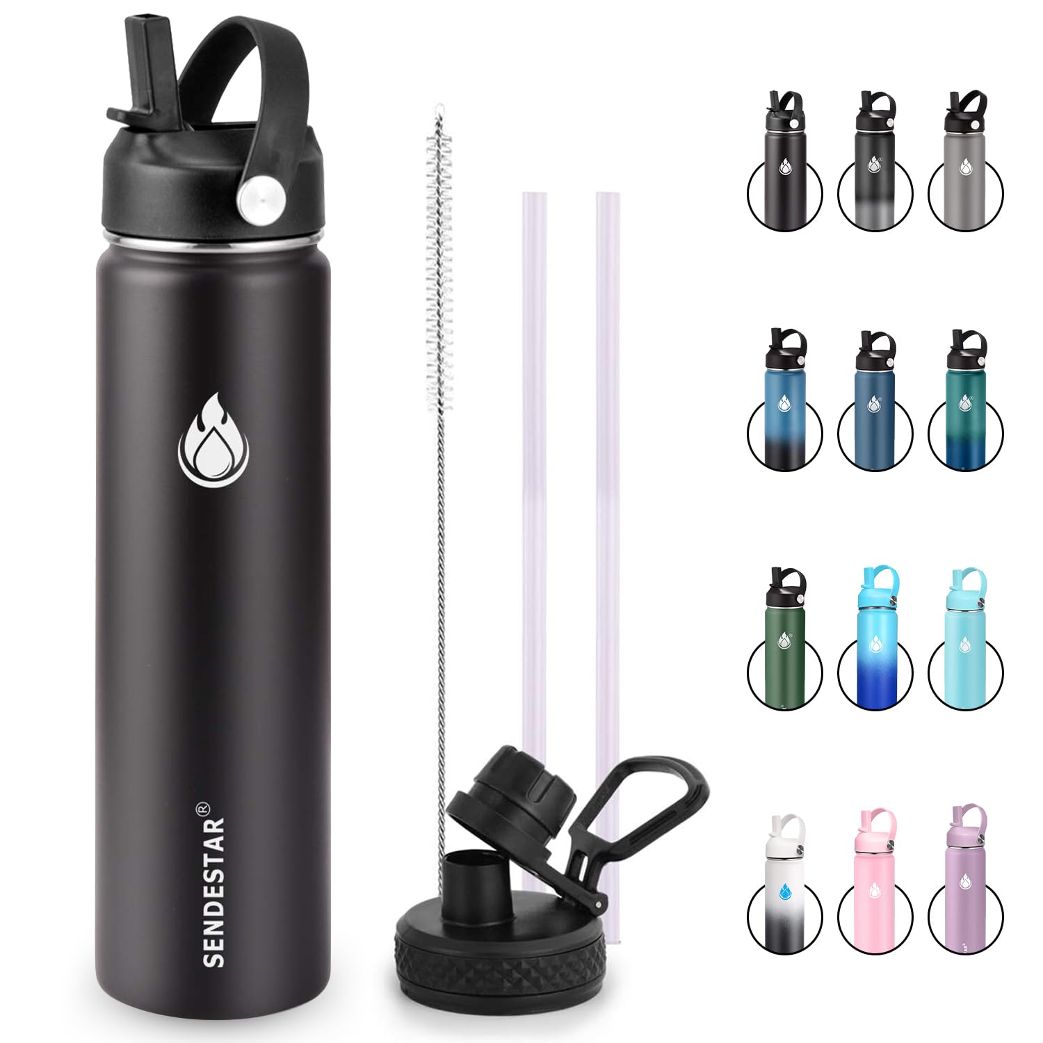 Insulated Water Bottle 40 oz with Straw, Stainless Steel Wide Mouth Water Bottle, Double Wall Vacuum Leak Proof with Straw Lid & Spout Lid for Sports or Office, Keep Cold or Hot Up to 24 Hrs