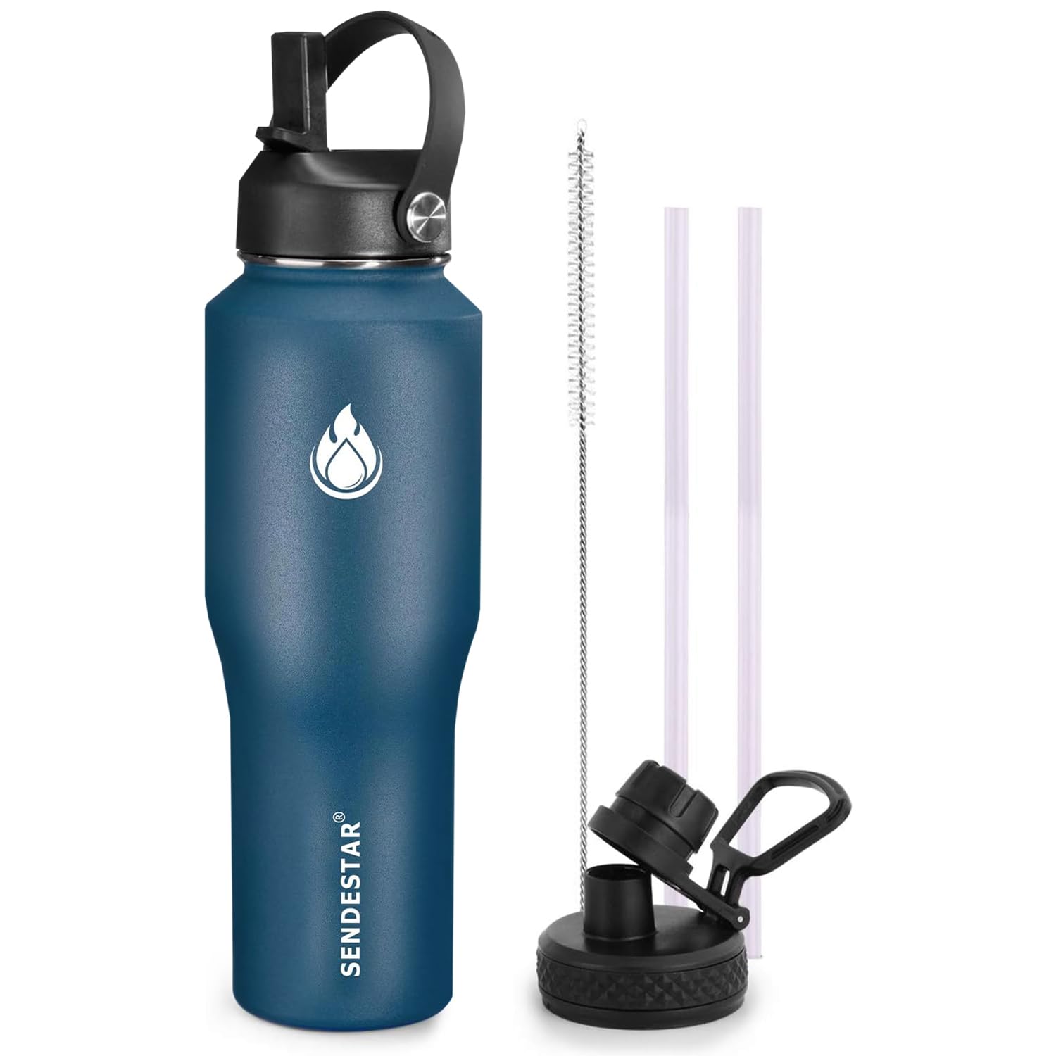 SENDESTAR 40oz Water Bottle Wide Mouth Stainless Steel Vacuum Insulated Double Wall with 2 Straw Lids Fit in Any Car Cup Holder