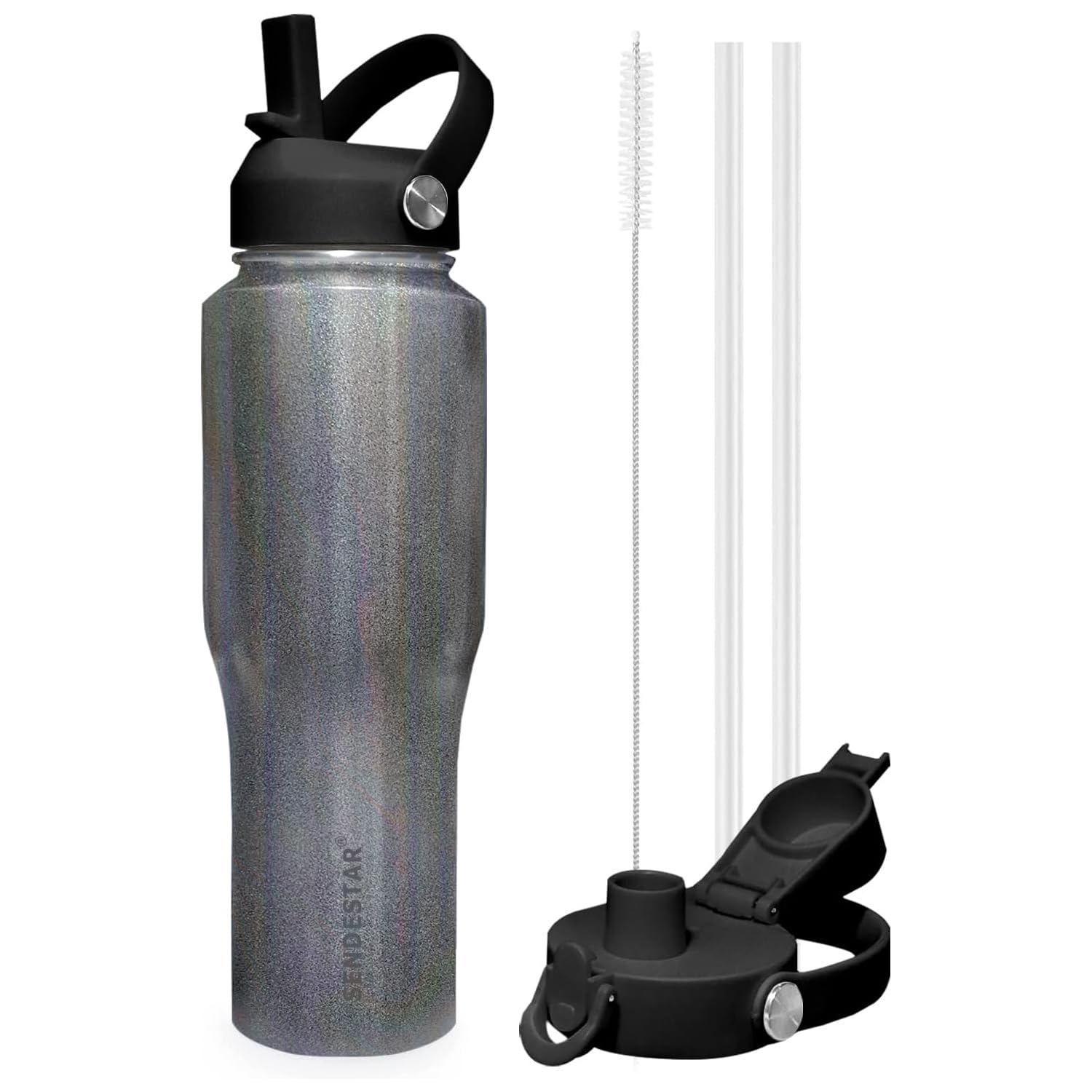 SENDESTAR 40oz Water Bottle Wide Mouth Stainless Steel Vacuum Insulated Double Wall with 2 Straw Lids Fit in Any Car Cup Holder