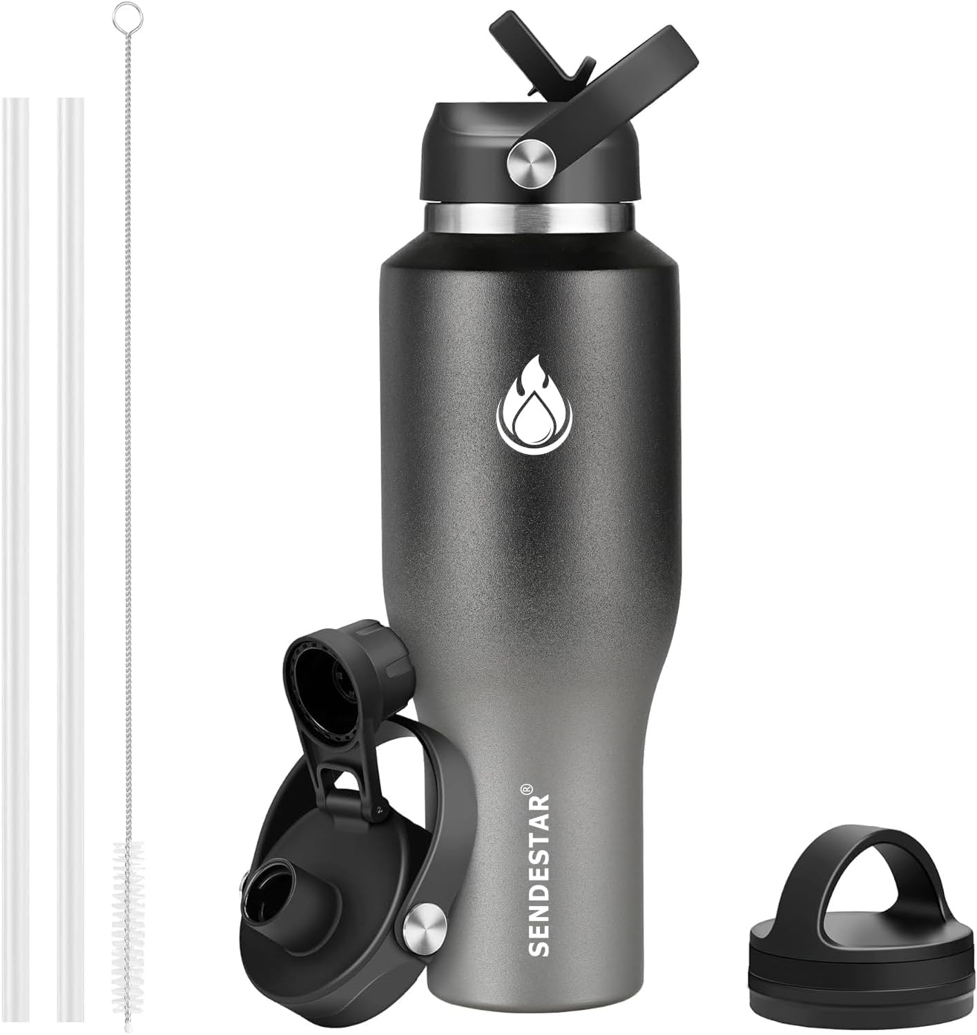 SENDESTAR 40oz Water Bottle Wide Mouth Stainless Steel Vacuum Insulated Double Wall with 2 Straw Lids Fit in Any Car Cup Holder