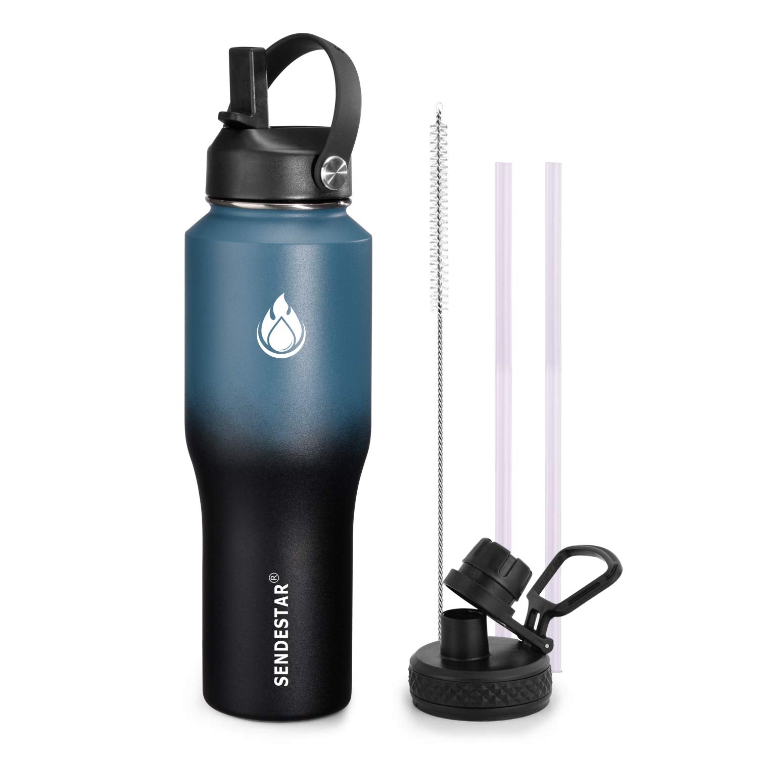 SENDESTAR 40oz Water Bottle Wide Mouth Stainless Steel Vacuum Insulated Double Wall with 2 Straw Lids Fit in Any Car Cup Holder
