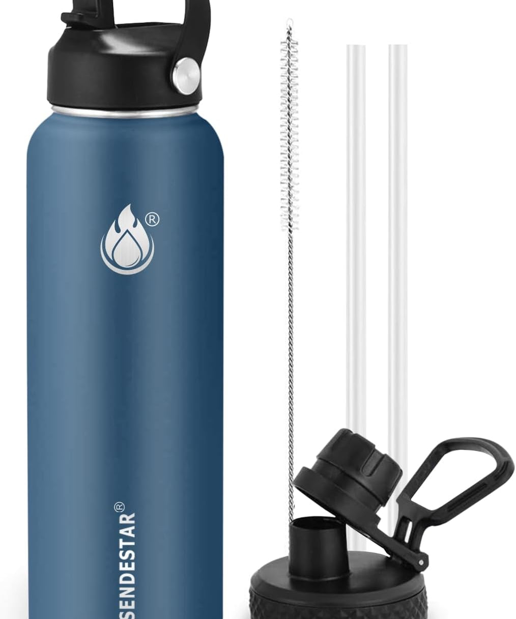 Insulated Water Bottle 40 oz with Straw, Stainless Steel Wide Mouth Water Bottle, Double Wall Vacuum Leak Proof with Straw Lid & Spout Lid for Sports or Office, Keep Cold or Hot Up to 24 Hrs