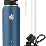 Insulated Water Bottle 40 oz with Straw, Stainless Steel Wide Mouth Water Bottle, Double Wall Vacuum Leak Proof with Straw Lid & Spout Lid for Sports or Office, Keep Cold or Hot Up to 24 Hrs