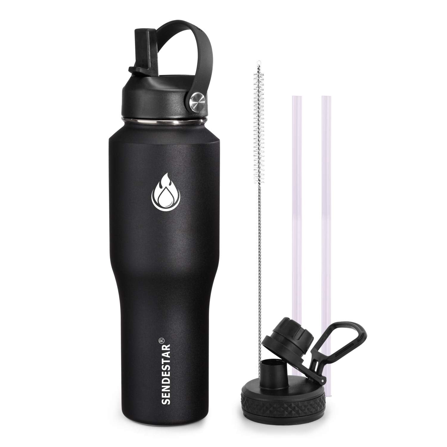 SENDESTAR 40oz Water Bottle Wide Mouth Stainless Steel Vacuum Insulated Double Wall with 2 Straw Lids Fit in Any Car Cup Holder