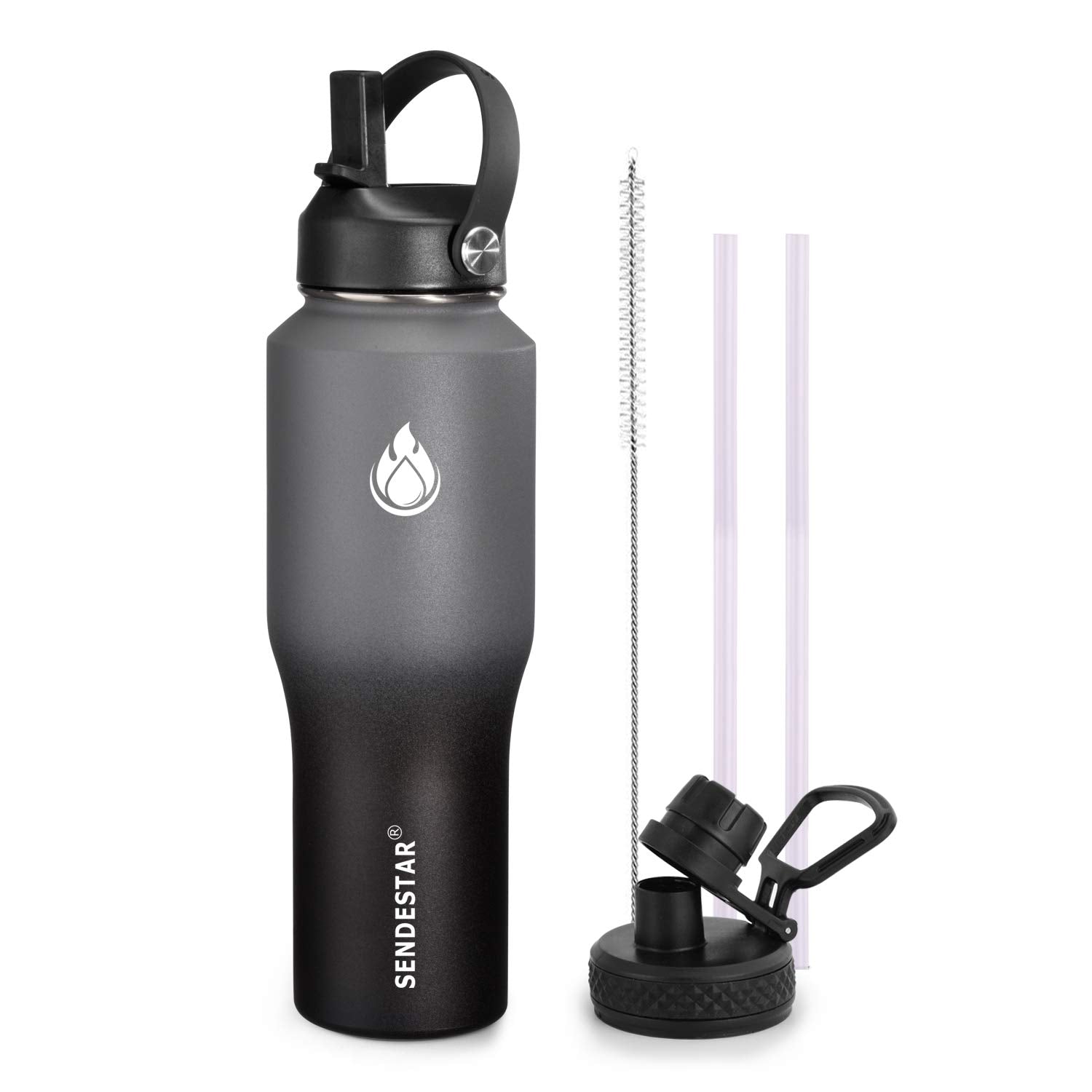 SENDESTAR 40oz Water Bottle Wide Mouth Stainless Steel Vacuum Insulated Double Wall with 2 Straw Lids Fit in Any Car Cup Holder