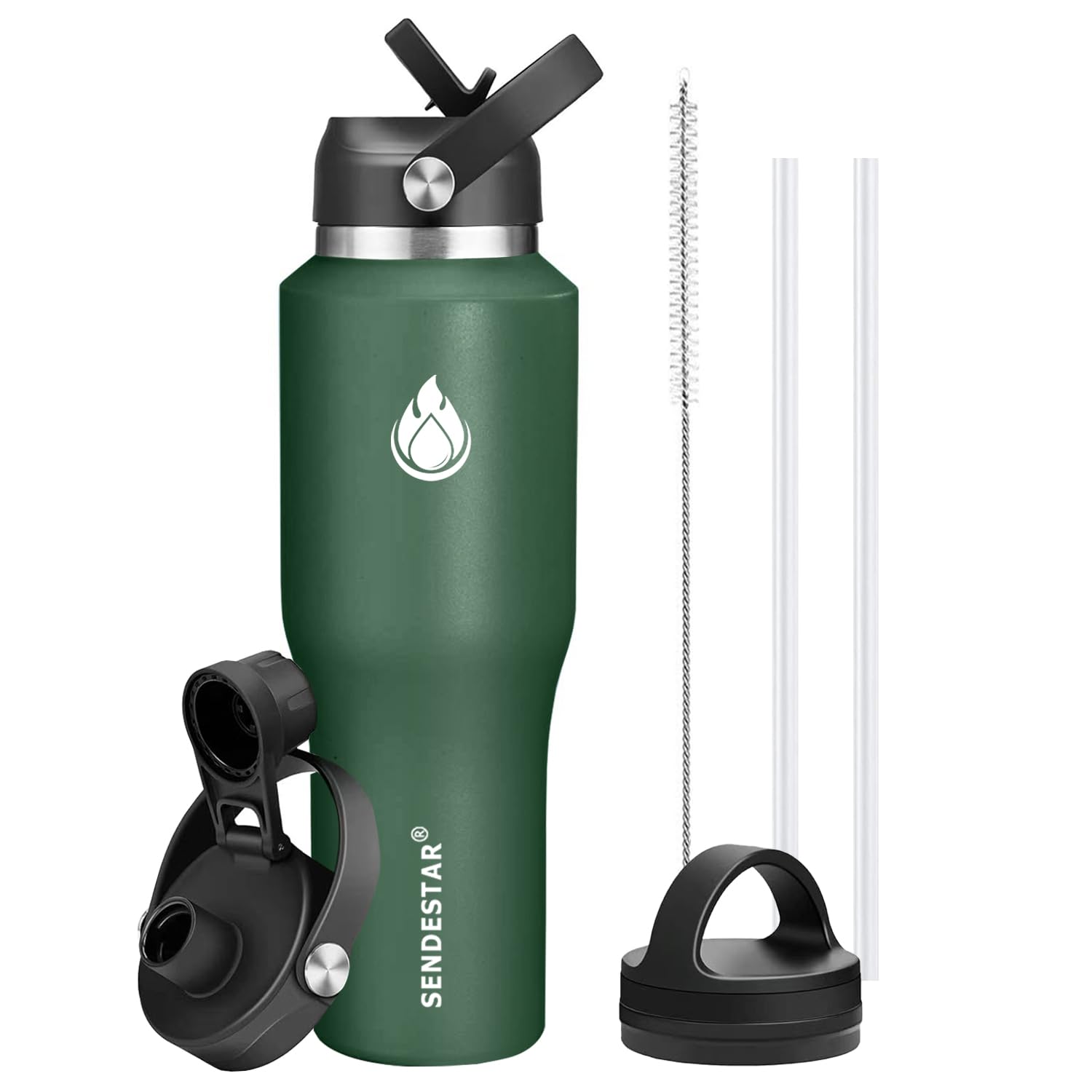 SENDESTAR 40oz Water Bottle Wide Mouth Stainless Steel Vacuum Insulated Double Wall with 2 Straw Lids Fit in Any Car Cup Holder