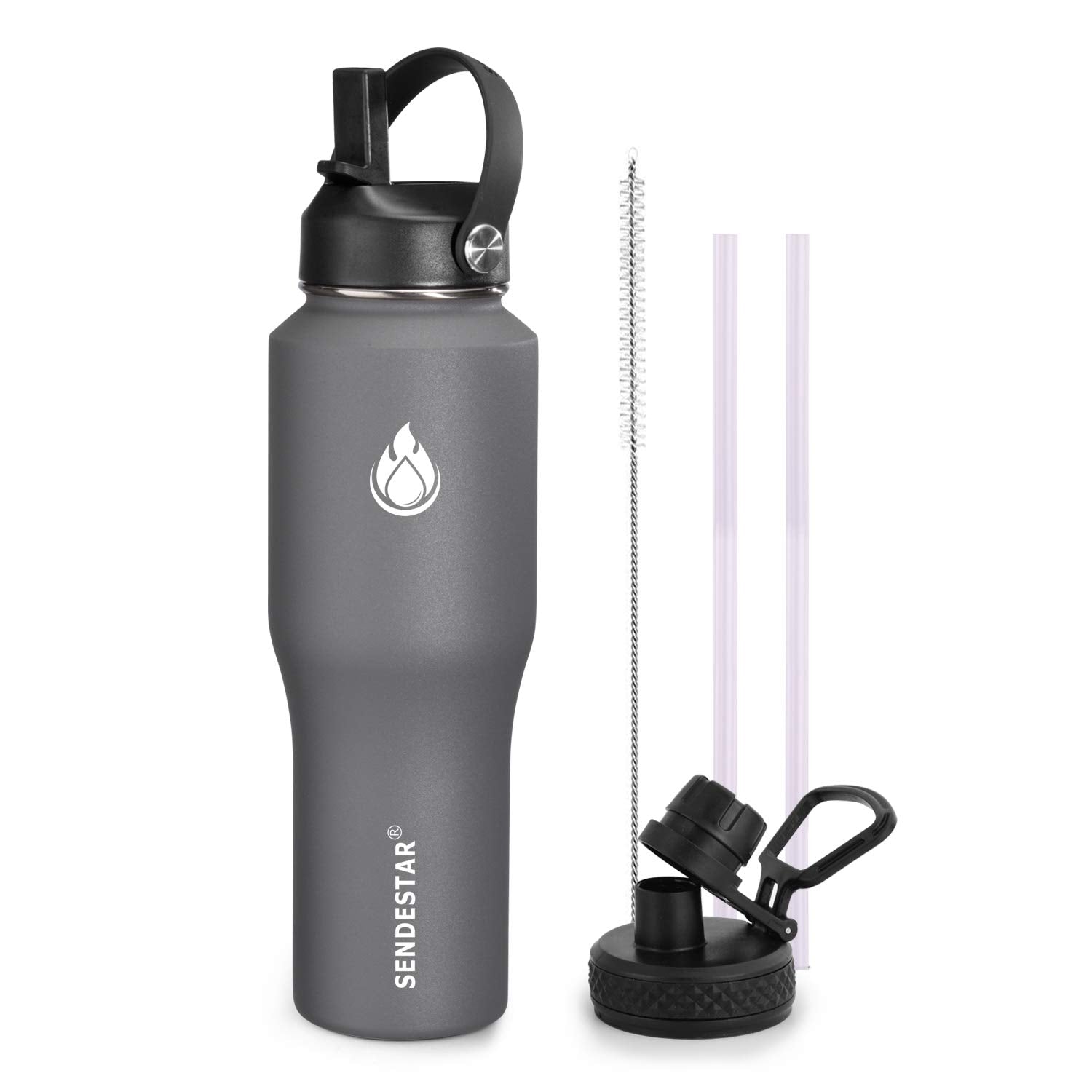 SENDESTAR 40oz Water Bottle Wide Mouth Stainless Steel Vacuum Insulated Double Wall with 2 Straw Lids Fit in Any Car Cup Holder