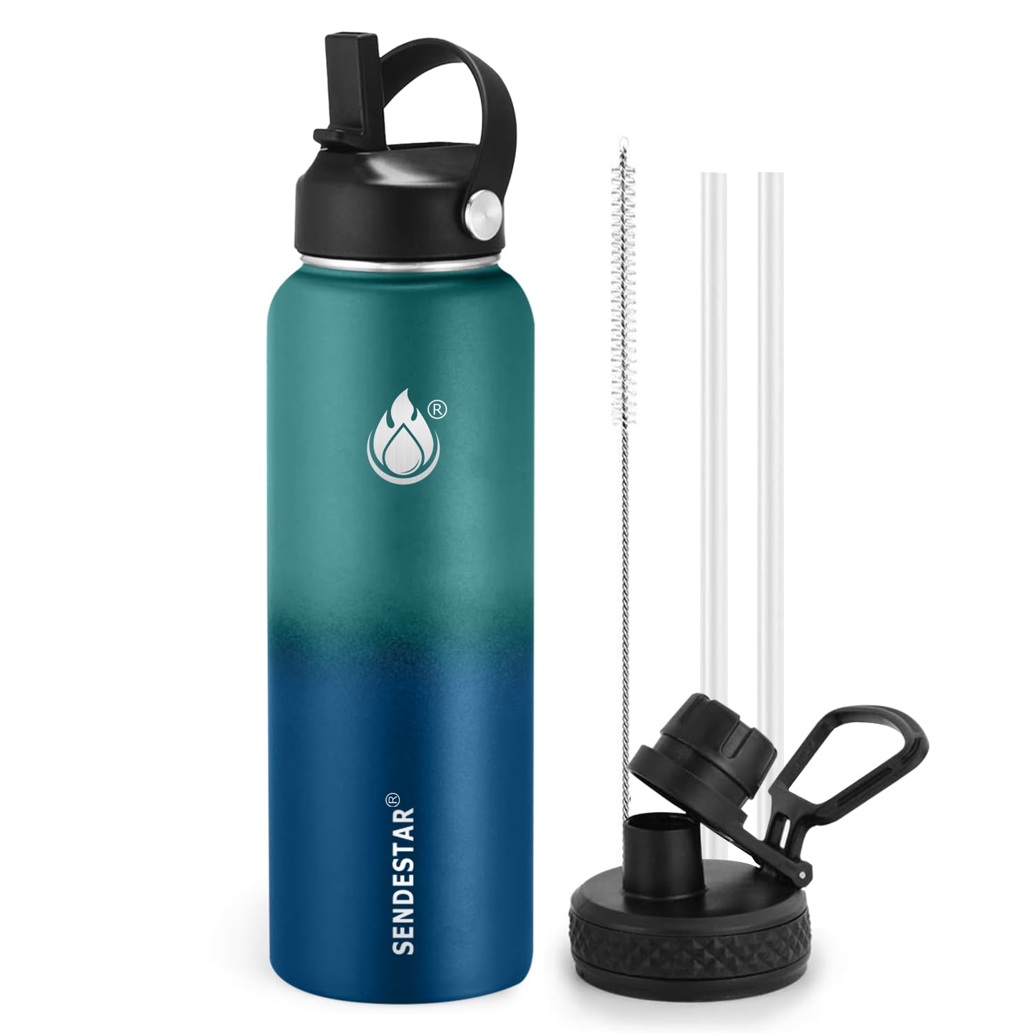 Insulated Water Bottle 40 oz with Straw, Stainless Steel Wide Mouth Water Bottle, Double Wall Vacuum Leak Proof with Straw Lid & Spout Lid for Sports or Office, Keep Cold or Hot Up to 24 Hrs