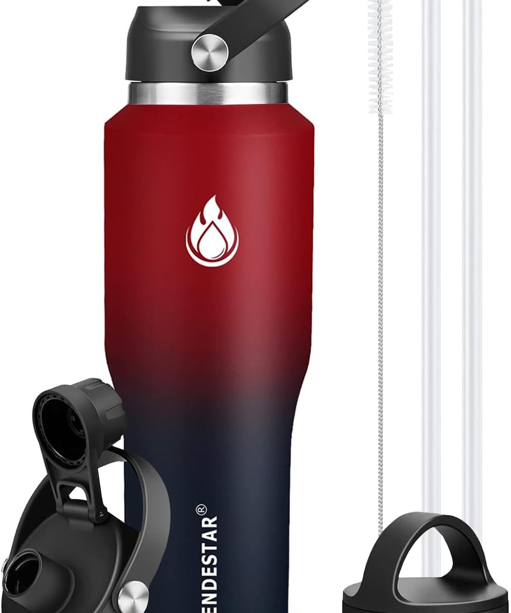 SENDESTAR 40oz Water Bottle Wide Mouth Stainless Steel Vacuum Insulated Double Wall with 2 Straw Lids Fit in Any Car Cup Holder