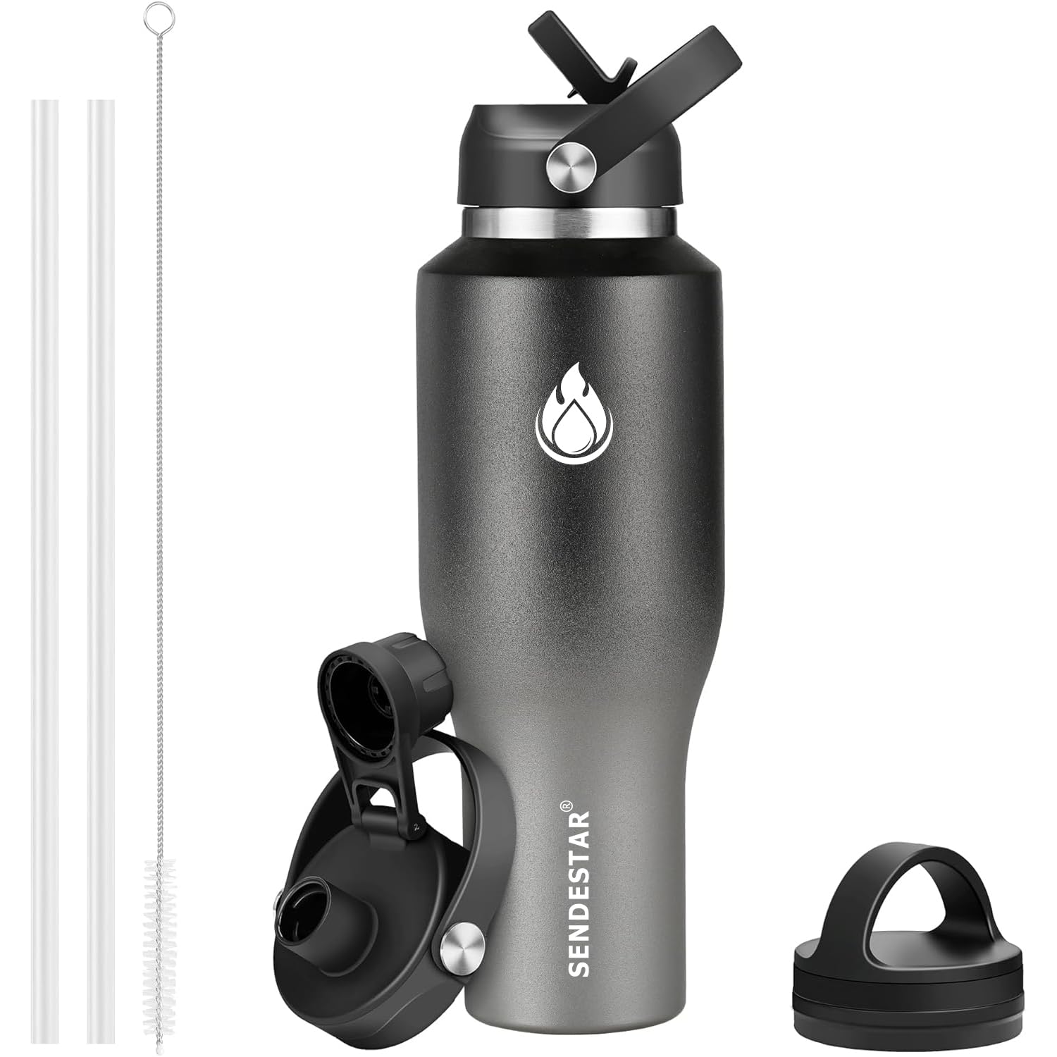 SENDESTAR 40oz Water Bottle Wide Mouth Stainless Steel Vacuum Insulated Double Wall with 2 Straw Lids Fit in Any Car Cup Holder