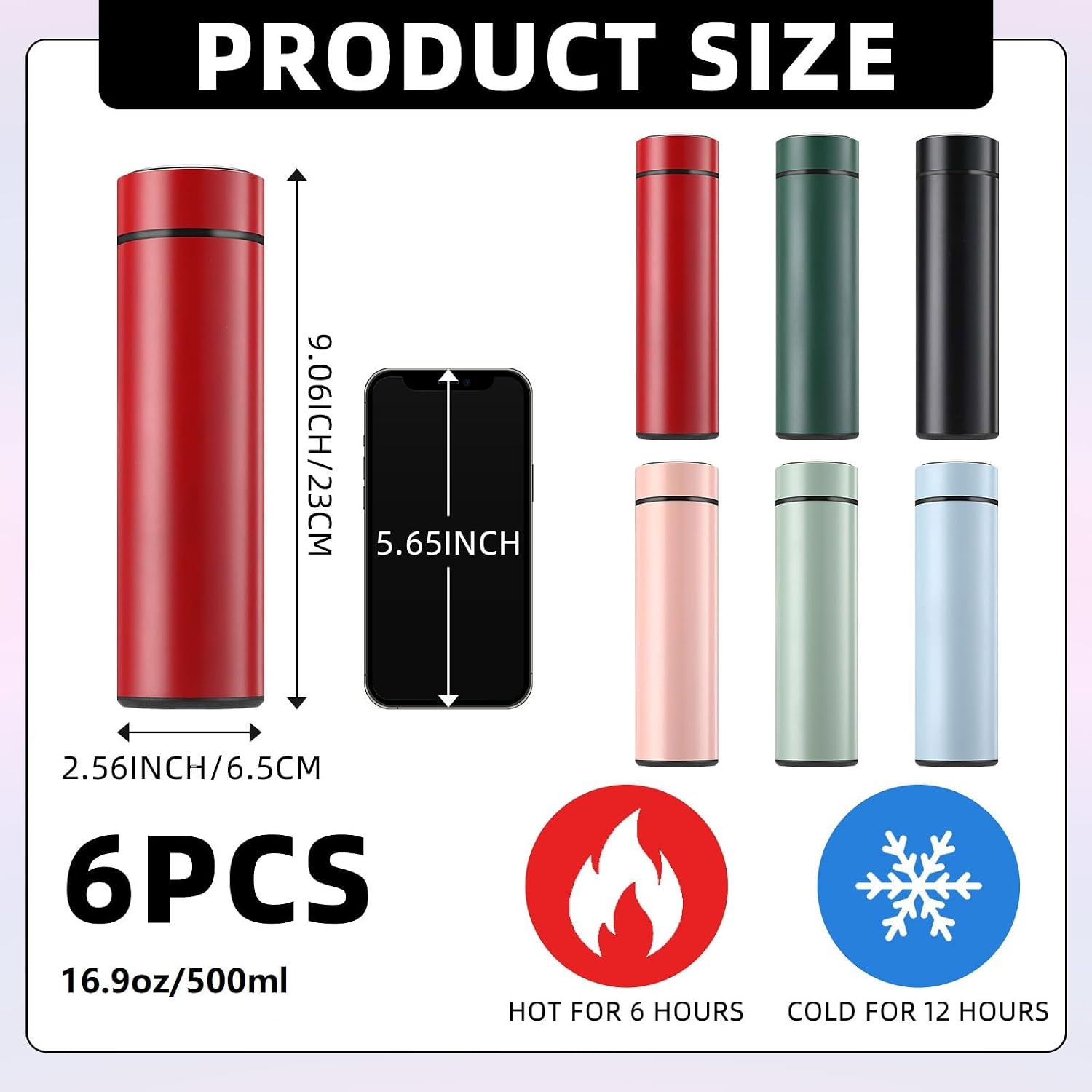 Tioncy 6 Pcs Stainless Steel Water Bottle 16.9 oz Insulated Water Bottle Skinny cup Portable Slim Flask Travel Mug for Purse Lunch Bag Coffee Tea Drink Office Sports Indoors & Outdoors(Mixed)