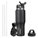 40 oz Insulated Water Bottle with Straw fit in Car Cup Holder(Cold 48 hrs, Hot 24 hrs) Drinking Bottle with Straw Lid, Spout Lid and Flex Cap Leakproof Travel Thermo Mug，Olive