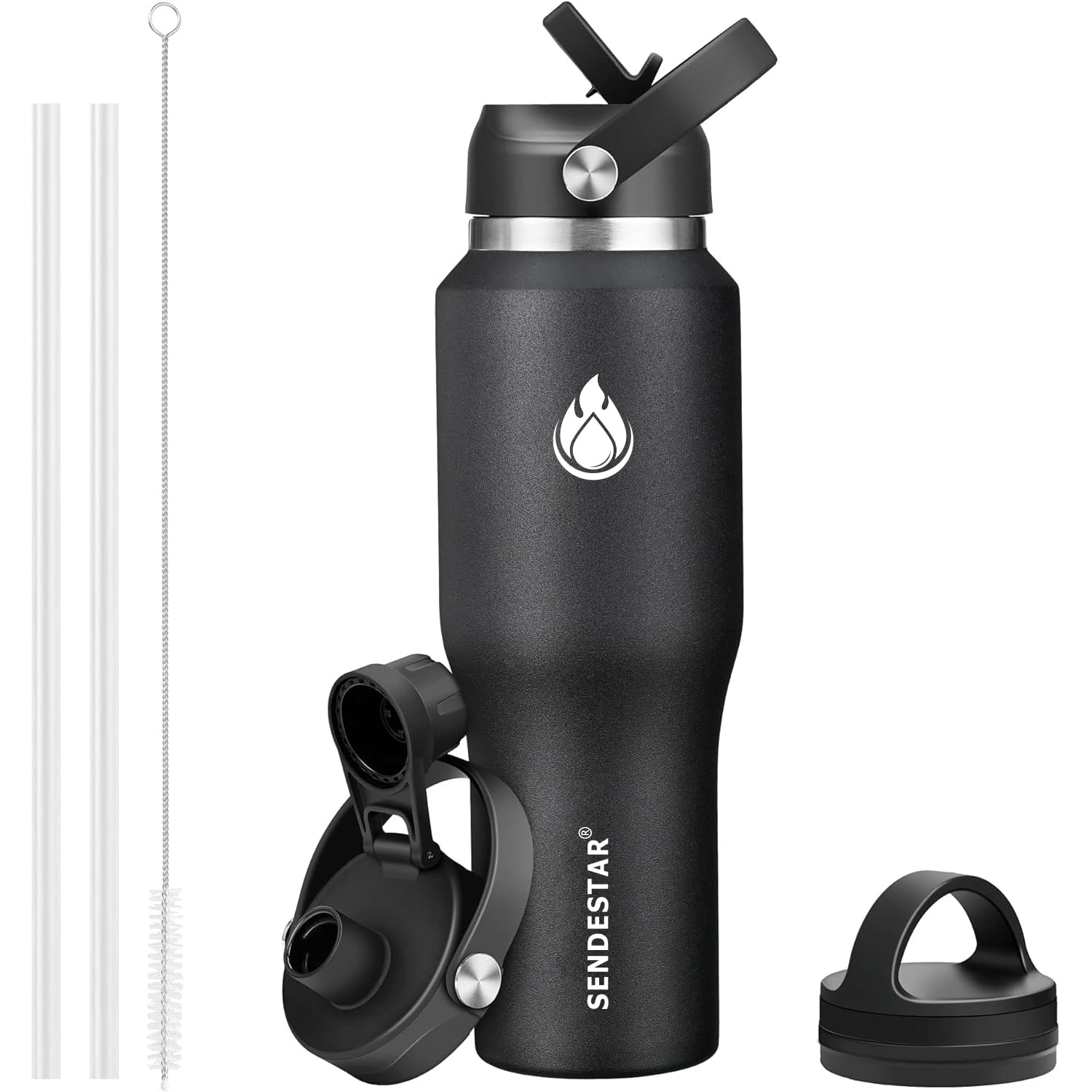 SENDESTAR 40oz Water Bottle Wide Mouth Stainless Steel Vacuum Insulated Double Wall with 2 Straw Lids Fit in Any Car Cup Holder