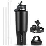 40 oz Insulated Water Bottle with Straw fit in Car Cup Holder(Cold 48 hrs, Hot 24 hrs) Drinking Bottle with Straw Lid, Spout Lid and Flex Cap Leakproof Travel Thermo Mug，Olive