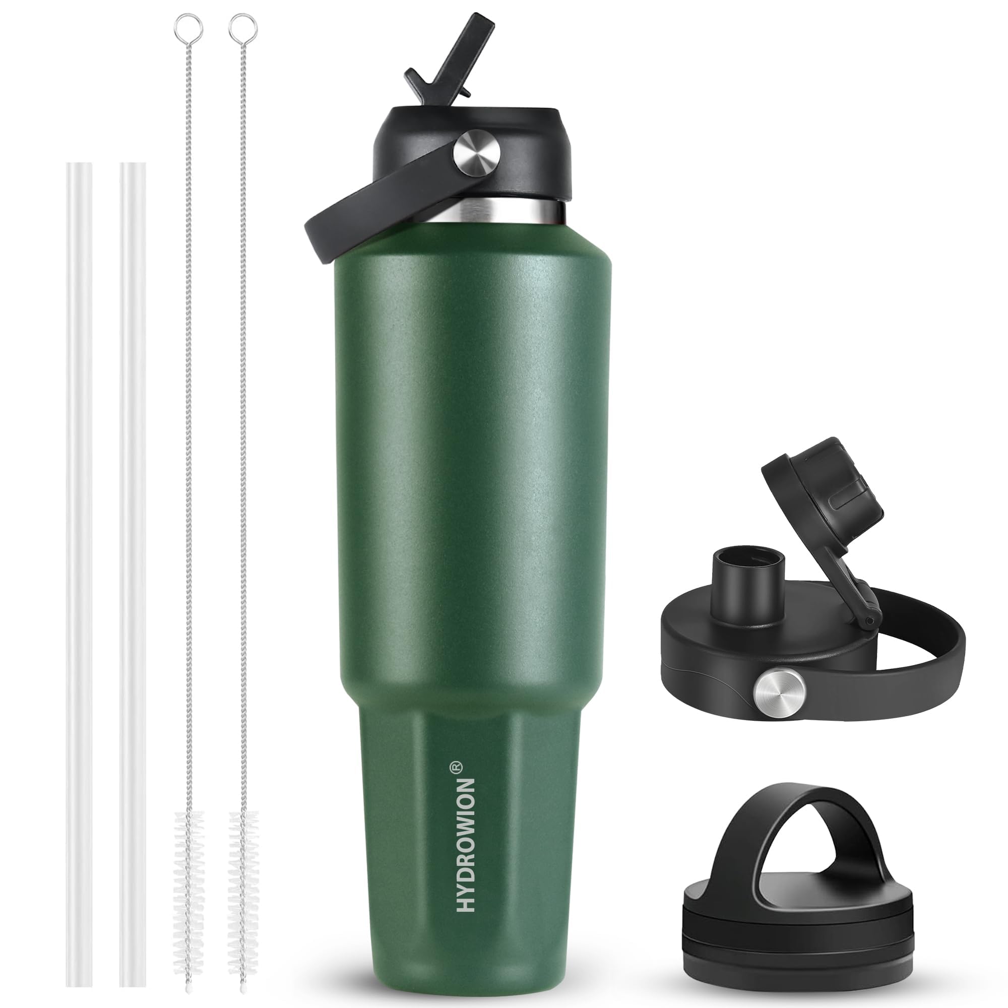 40 oz Insulated Water Bottle with Straw fit in Car Cup Holder(Cold 48 hrs, Hot 24 hrs) Drinking Bottle with Straw Lid, Spout Lid and Flex Cap Leakproof Travel Thermo Mug，Olive
