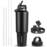 40 oz Insulated Water Bottle with Straw fit in Car Cup Holder(Cold 48 hrs, Hot 24 hrs) Drinking Bottle with Straw Lid, Spout Lid and Flex Cap Leakproof Travel Thermo Mug，Olive